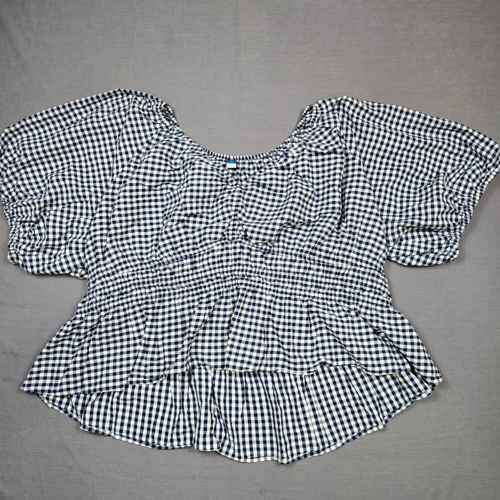 Old Navy 4X Blue & White Gingham Smocked Peplum Blouse 100% Cotton Cottage Core